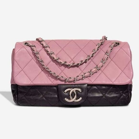 Authentic CHANEL Quilted Single Flap Bag Large Lambskin Quilted Bi-Color Purple - Picture 1 of 13